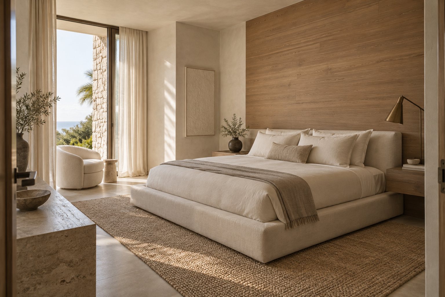 Serene bedroom with an oak headboard wall and ivory linens