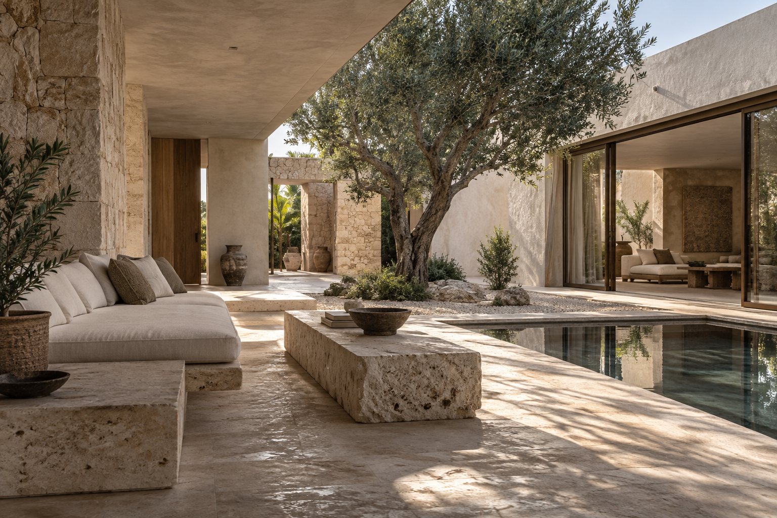 Limestone courtyard with an olive tree and reflecting pool