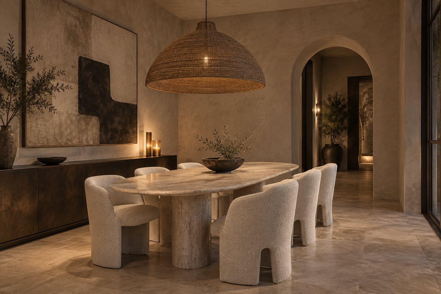 Warm dining room with a travertine table and woven pendant