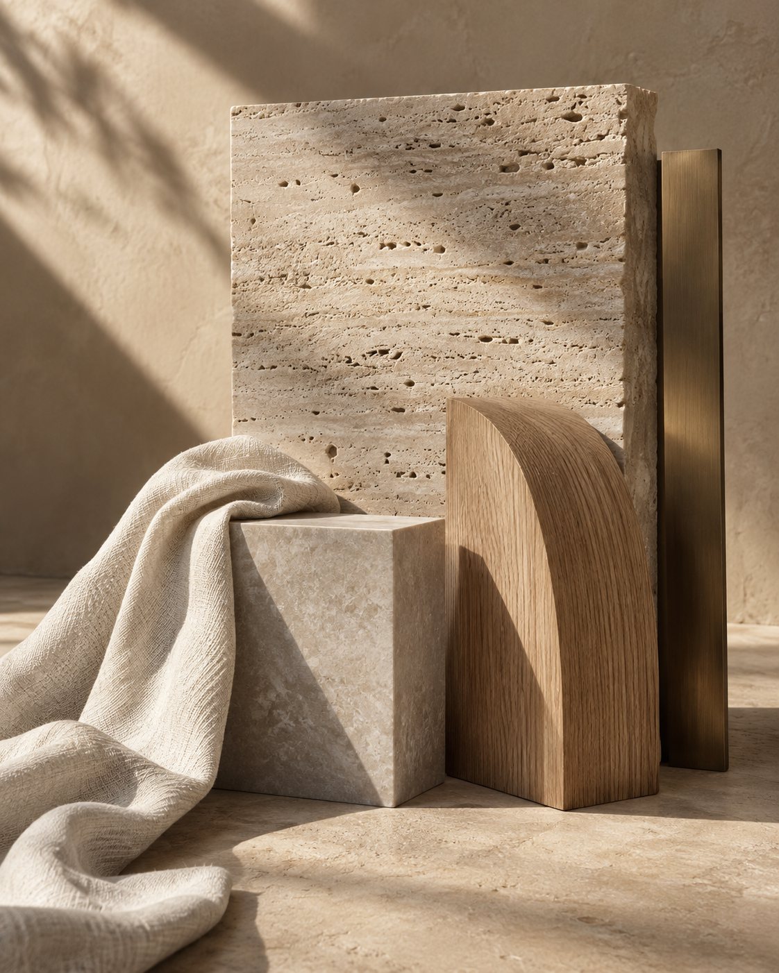 Still life of travertine, natural oak, linen and brushed bronze